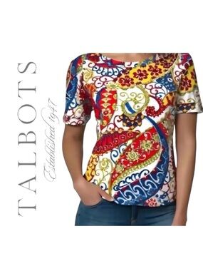 Talbots Red & Blue Paisley Tee Cotton Stretch Button Tab Sleeve Casual Preppy
